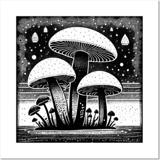 Black and White Mushroom Lino Print Posters and Art